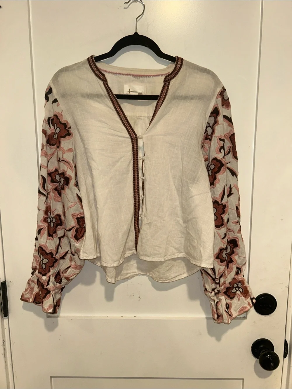 Anthropologie Embroidered Floral Sleeve Boho Blouse Floral Size Medium